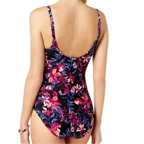 CALVIN KLEIN Twist Front Tummy Control One Piece Black Floral Swimsuit Size 16 - Picture 2 of 14